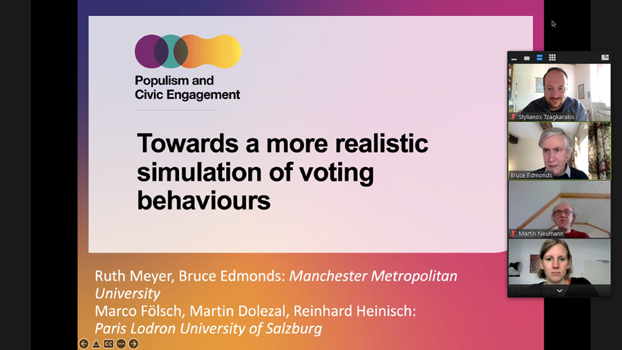 Title slide of the presentation. Populism and Civic Engagement "Towards a more realistic simulation of voting behaviours" Ruth Meyer, Bruce Edmonds: Manchester Metropolitan University Marco Fölsch, Martin Dolezal, Reinhard Heinisch: Paris Lodron University of Salzburg